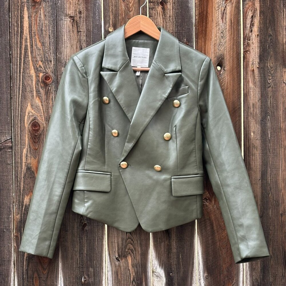 NWOT Olive Green Gold Button Double-breasted Faux Leather Blazer S - Picture 2 of 7